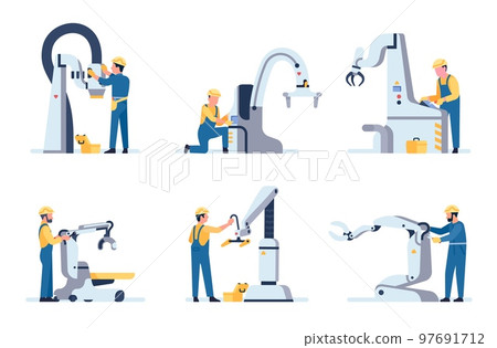 Robotics experts make repairs. Conveyor belt equipment maintenance. Workman fixing assembly machine. Automated manufacturing. Industrial production repairman. Vector workers in uniform set Robotics experts make repairs. Conveyor belt equipment maintenance. Workman fixing assembly machine. Automated manufacturing. Industrial production repairman. Vector workers in uniform set 97691712