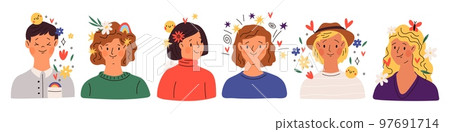 Positive thinking people. Young guys and girls. Smiling faces. Shoulder portraits. Nice peaceful symbols around heads. Flowers and sparks. Emotion expressions. Happy mood. Garish vector set Positive thinking people. Young guys and girls. Smiling faces. Shoulder portraits. Nice peaceful symbols around heads. Flowers and sparks. Emotion expressions. Happy mood. Garish vector set 97691714
