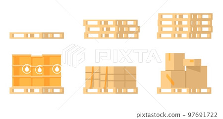 Pallet with cargo. Warehouse storage. Freight transportation. Logistic distribution. Merchandise shipping in storehouse. Cardboard boxes. Stacked crates. Vector wooden platforms set Pallet with cargo. Warehouse storage. Freight transportation. Logistic distribution. Merchandise shipping in storehouse. Cardboard boxes. Stacked crates. Vector wooden platforms set 97691722
