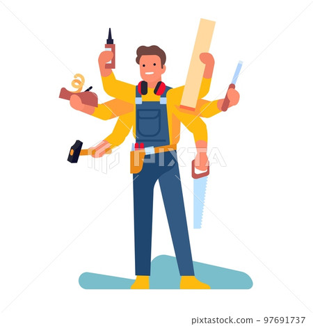 Man in uniform with carpentry tools. Multitasking worker. Carpenter holding saw and hammer. Professional workman in overalls. Repairman fixing maintenance. Repair equipment. Vector concept Man in uniform with carpentry tools. Multitasking worker. Carpenter holding saw and hammer. Professional workman in overalls. Repairman fixing maintenance. Repair equipment. Vector concept 97691737