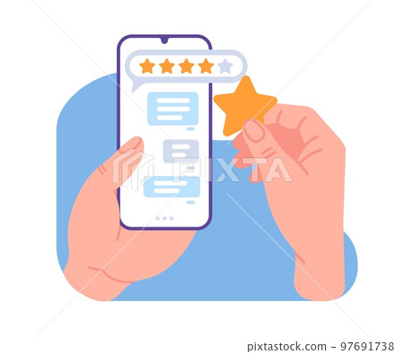 Leaves five star feedback. Customer phone service evaluation. Smartphone in hands. Positive users experience. Mobile application rating. Quality survey. Clients support. Vector concept Leaves five star feedback. Customer phone service evaluation. Smartphone in hands. Positive users experience. Mobile application rating. Quality survey. Clients support. Vector concept 97691738