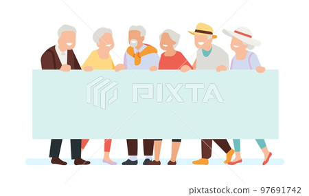 Group of seniors holding up blank banner. Aged people with rectangular billboard. Elderly men and women showing empty placard. Smiling grandparents standing together. Vector concept Group of seniors holding up blank banner. Aged people with rectangular billboard. Elderly men and women showing empty placard. Smiling grandparents standing together. Vector concept 97691742