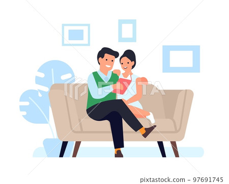 Father reading book to daughter on couch. Dad with teenager girl relax together at home. Family relationship. People sitting on sofa. Literature for children. Vector fatherhood concept 97691745