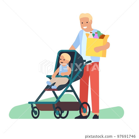Father and baby in stroller with package of groceries. Man carrying shopping bag and pushing pram. Toddler in buggy. Multitasking dad buying food products. Vector fatherhood concept 97691746