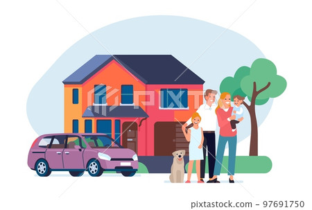 Family in front of house. Happy parents with kids. Property mortgage. Real estate and transport purchase. Residential building facade. Rental townhouse. People happiness. Vector concept 97691750