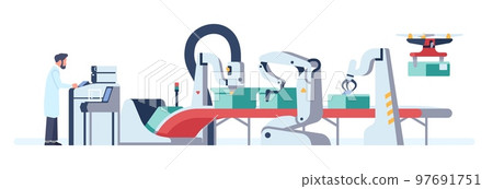 Engineer uses computer to control assembly line. Conveyor belt. Crates for loading. Drone delivery. Automatic industrial production operator. Automated manufacturing. Vector concept 97691751