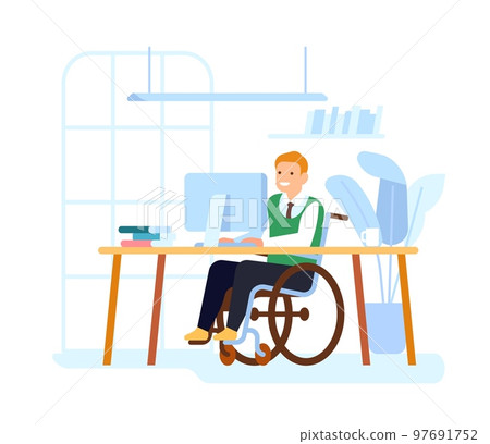 Employee with disability works in office. Handicap man sitting in wheelchair at computer. Paralyzed business worker. Disabled person employment. Equal accessibility. Vector concept 97691752