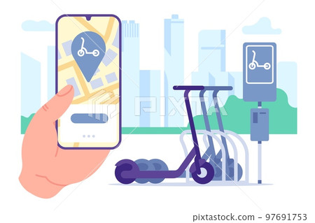 Electric scooter rental mobile app. Transport sharing. Parking station. Smartphone application with map navigation. Urban transportation. Eco rent vehicle. Phone in hand. Vector concept 97691753