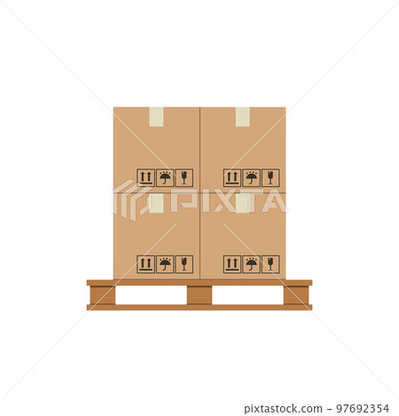 Crate boxes on wooden pallet. Cardboard box cargo pallets. Vector illustration Crate boxes on wooden pallet. Cardboard box cargo pallets. Vector illustration 97692354