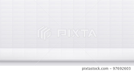 White bathroom tile wall with white stone table top, clean ceramic surface with empty desk for product display. White bathroom tile wall with white stone table top, clean ceramic surface with empty desk for product display. 97692603