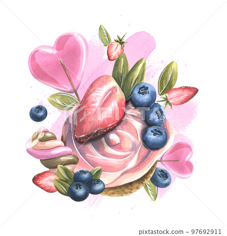 Cupcake cake with cream, pink heart-shaped lollipop, marshmallow, strawberry, blueberry. Watercolor illustration. A composition from the collection of SWEETS. For the design, design of menus, recipes 97692911