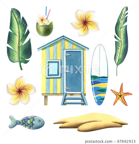 A beach house, as well as a surfboard, a starfish, a plumeria flower, palm leaves, a fish, sand, a cocktail in coconut. Watercolor illustration. A set from the surf collection. For decoration, design. 97692913