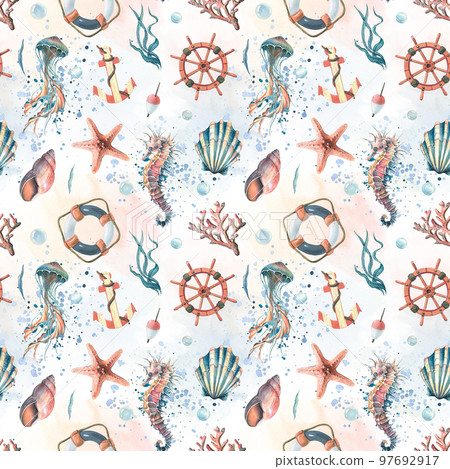 Marine life, steering wheel, anchor and lifebuoy. Watercolor illustration. Seamless pattern on a white background from the SYMPHONY OF THE SEA collection. For the design of fabrics, wallpaper 97692917