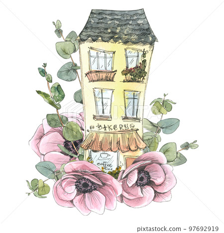 Cute house with pink flowers, anemones and eucalyptus branches. Watercolor illustration, graphics. Composition from the PARIS collection. For the design and decoration of tourist booklets, souvenirs. 97692919