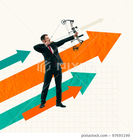 Contemporary art collage. Creative design. Businessman aiming arrow on professional target. Working on innovations and strategy Contemporary art collage. Creative design. Businessman aiming arrow on professional target. Working on innovations and strategy 97693199