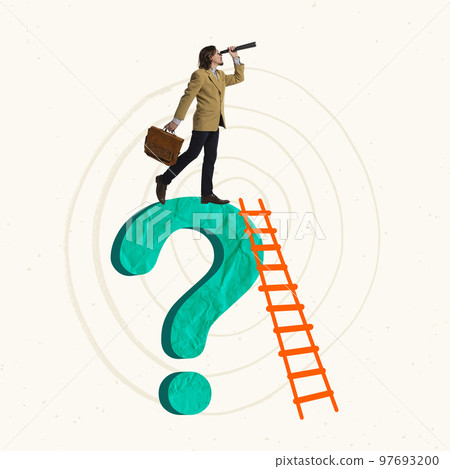 Contemporary art collage. Creative design. Employee, businessman looking for new innovations, project making 97693200