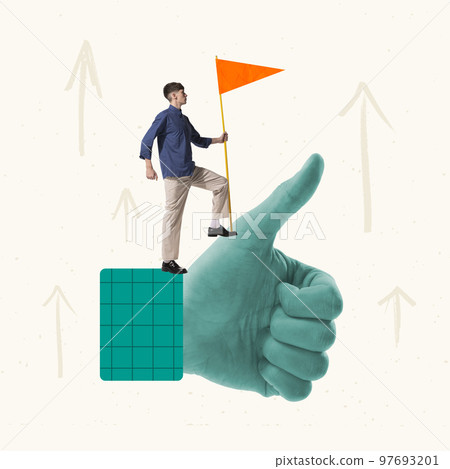 Contemporary art collage. Creative design. Employee standing on hand showing like gesture meaning teaching professional goal Contemporary art collage. Creative design. Employee standing on hand showing like gesture meaning teaching professional goal 97693201