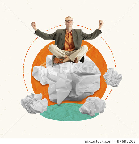 Contemporary art collage. Creative design. Man, office worker sitting on papers and relaxing. Professional rest. Balance 97693205