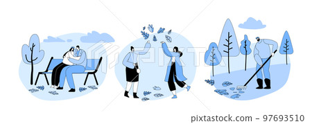 Set People Walking And Having Fun In Autumn City Park. Girls Playing With Fallen Leaves. Couple Hug Sitting On Bench 97693510