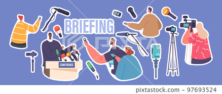 Set Of Stickers Press Conference, Briefing. Black Man Speaker, Audience, Journalists Or Media Workers With Microphones Set Of Stickers Press Conference, Briefing. Black Man Speaker, Audience, Journalists Or Media Workers With Microphones 97693524
