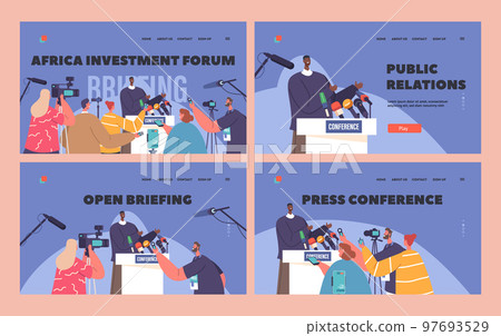 Briefing Landing Page Template Set. Black Man Speaking To Audience During Press Conference, Journalists With Microphones Briefing Landing Page Template Set. Black Man Speaking To Audience During Press Conference, Journalists With Microphones 97693529