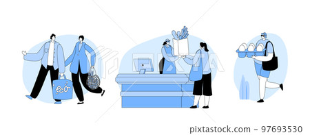 Set Of People Use Eco Packing During Shopping. Happy Characters With Reusable Packaging Visiting Store 97693530