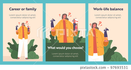 Cartoon Banners with Female Character Making Choice Between Family and Career. Confused Woman, Vector Posters 97693531
