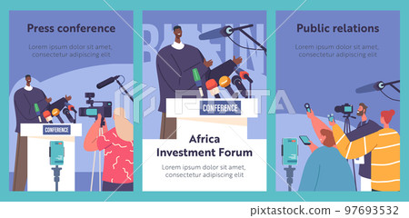 Press Conference, Briefing Cartoon Banners. Black Man Speaking To Audience, Journalists Or Press Media Workers Press Conference, Briefing Cartoon Banners. Black Man Speaking To Audience, Journalists Or Press Media Workers 97693532