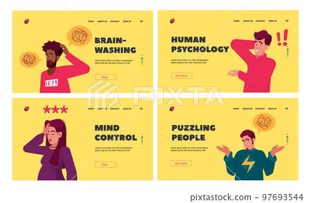 Puzzled People Landing Page Template Set. Doubtful Characters with Exclamation and Question Marks Thinking 97693544