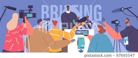 Press Conference, Briefing Concept. Black Man Speak To Audience, Journalists Or Press Media Workers With Microphones Press Conference, Briefing Concept. Black Man Speak To Audience, Journalists Or Press Media Workers With Microphones 97693547