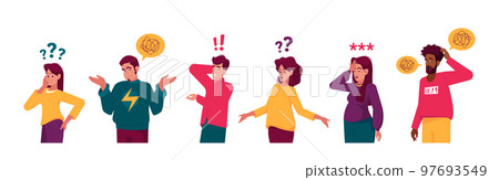 Set of People Thinking Serious Tasks, Searching Information, Male and Female Characters with Exclamation and Question Set of People Thinking Serious Tasks, Searching Information, Male and Female Characters with Exclamation and Question 97693549