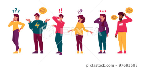 Set of Puzzled People, Doubtful Male and Female Characters with Exclamation and Question Marks Thinking, Searching 97693595