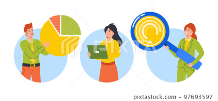 Business Characters With Magnifier, Tablet Pc And Circular Diagram Isolated Round Icons Or Avatars. Benchmarking Business Characters With Magnifier, Tablet Pc And Circular Diagram Isolated Round Icons Or Avatars. Benchmarking 97693597