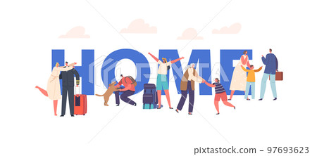 People Come Back To Home Concept. Happy Characters Meeting, Sailor And His Wife, Owner And Pet, Kid And Dad 97693623