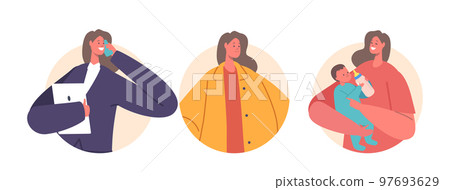 Woman Portraits, Businesswoman, Mother With Newborn Baby, Successful Female Character Isolated Round Icons Or Avatars Woman Portraits, Businesswoman, Mother With Newborn Baby, Successful Female Character Isolated Round Icons Or Avatars 97693629