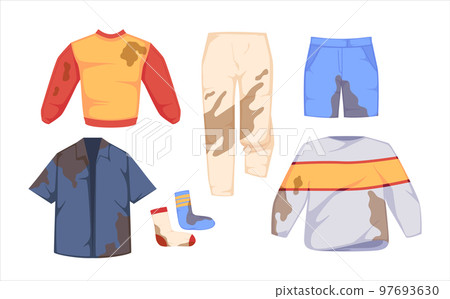 Set Of Dirty Clothes, Jumper, Trousers, Shorts, Shirt or Socks With Spots, Blobs And Stains Isolated On White Background Set Of Dirty Clothes, Jumper, Trousers, Shorts, Shirt or Socks With Spots, Blobs And Stains Isolated On White Background 97693630