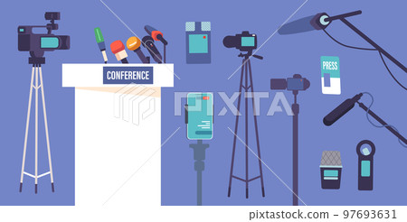 Set Press Conference Studio Equipment And Appliances. Tribune, Microphones, Smartphone On Holder And Cameras Set Press Conference Studio Equipment And Appliances. Tribune, Microphones, Smartphone On Holder And Cameras 97693631