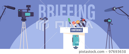 Press Conference Studio Interior, Empty Room With Tribune, Microphones And Cameras On Dark Blue Background 97693638