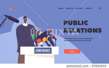 Public Relations Landing Page Template. Press Conference, Briefing Concept With Black Politician Man Speak To Audience 97693643