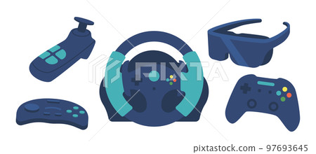 Set Of Accessories For Virtual Reality And Cyberspace Entertainment And Gaming. Vr Glasses, Steering Wheel, Gamepad 97693645