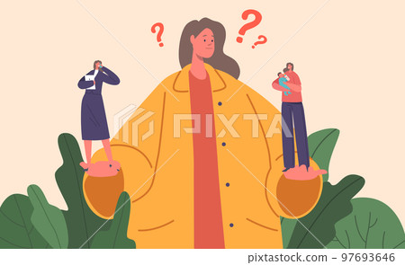 Confused Woman Making Choice Between Family , Maternity And Career. Female Character Businesswoman And Mother Confused Woman Making Choice Between Family , Maternity And Career. Female Character Businesswoman And Mother 97693646