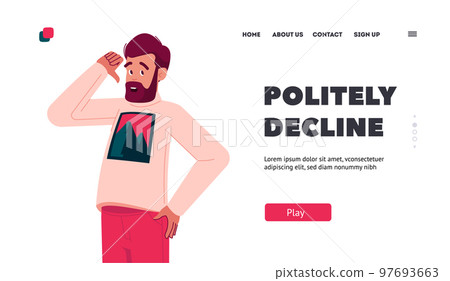 Politely Decline Landing Page Template. Bearded Adult Male Character Showing Refusal or Deny Gesture with Thumb Down 97693663