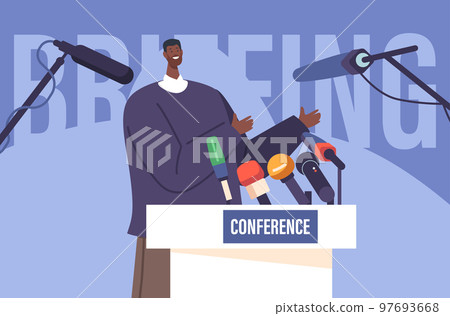 Press Conference, Briefing Concept With Black Politician Man Speaking To Audience On Tribune With Microphones Press Conference, Briefing Concept With Black Politician Man Speaking To Audience On Tribune With Microphones 97693668