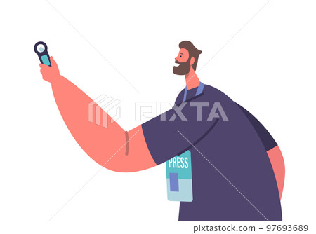 Male Character Holding Dictaphone, Journalist Or Reporter Interviewing. Media Person On Press Conference Or Briefing 97693689
