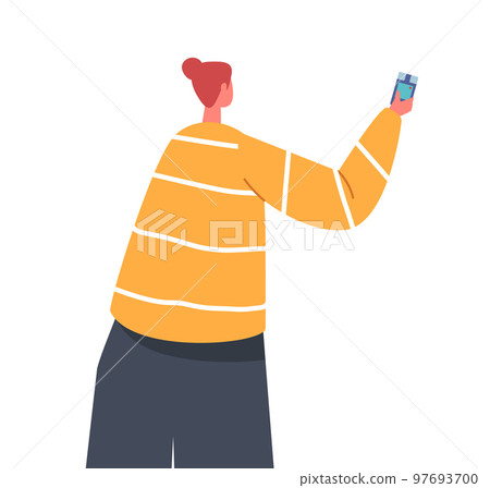 Journalist Female Character Stand With Dictaphone Rear View Isolated On White Background. Woman Interviewing on Briefing 97693700