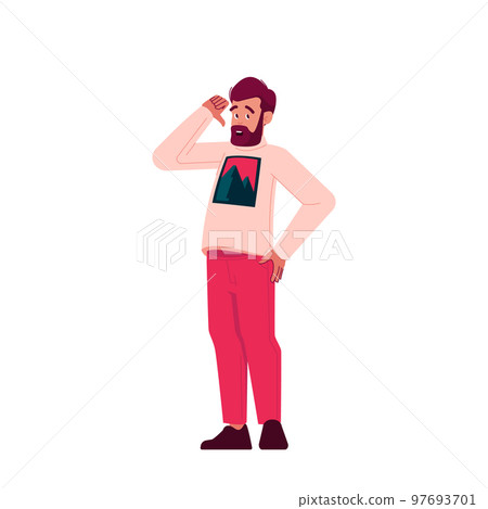 Bearded Adult Male Character Wearing Casual Clothes Showing Refusal Or Deny Gesture With Thumb Down. Negative Emotions 97693701