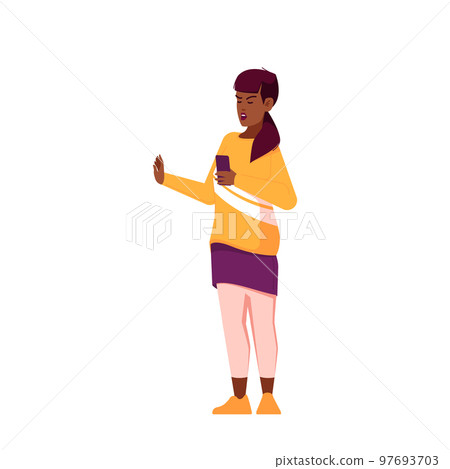 African Female Character Showing Refusal or Stop Gesture with Open Hand Palm Expressing Negative Emotions 97693703