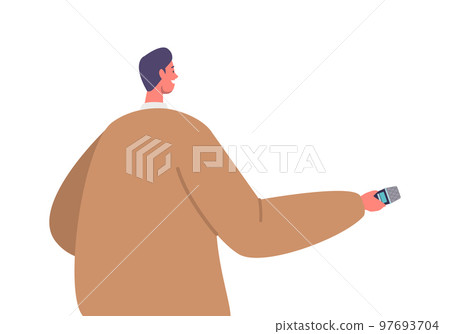 Male Character with Microphone Rear View. Journalist Interviewing, Visiting Press Conference or Briefing for Live News 97693704