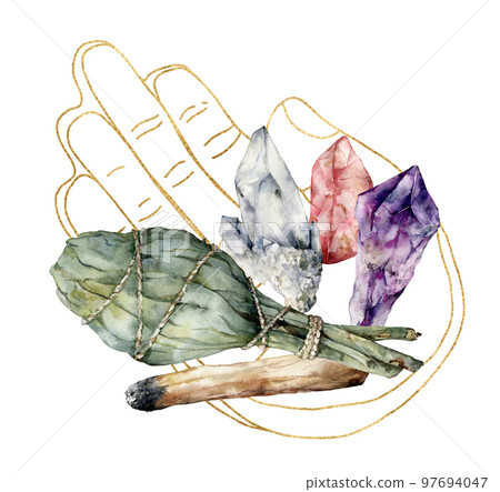 Watercolor linear hand with palo santo, sage and crystals. Hand painted incense isolated on white background. Illustration for design, print, fabric or background. Watercolor linear hand with palo santo, sage and crystals. Hand painted incense isolated on white background. Illustration for design, print, fabric or background. 97694047