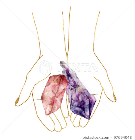 Watercolor linear card of hands and gemstones. Hand painted abstract composition of quartz, amethyst isolated on white background. Minimalistic illustration for design, print, fabric or background. 97694048